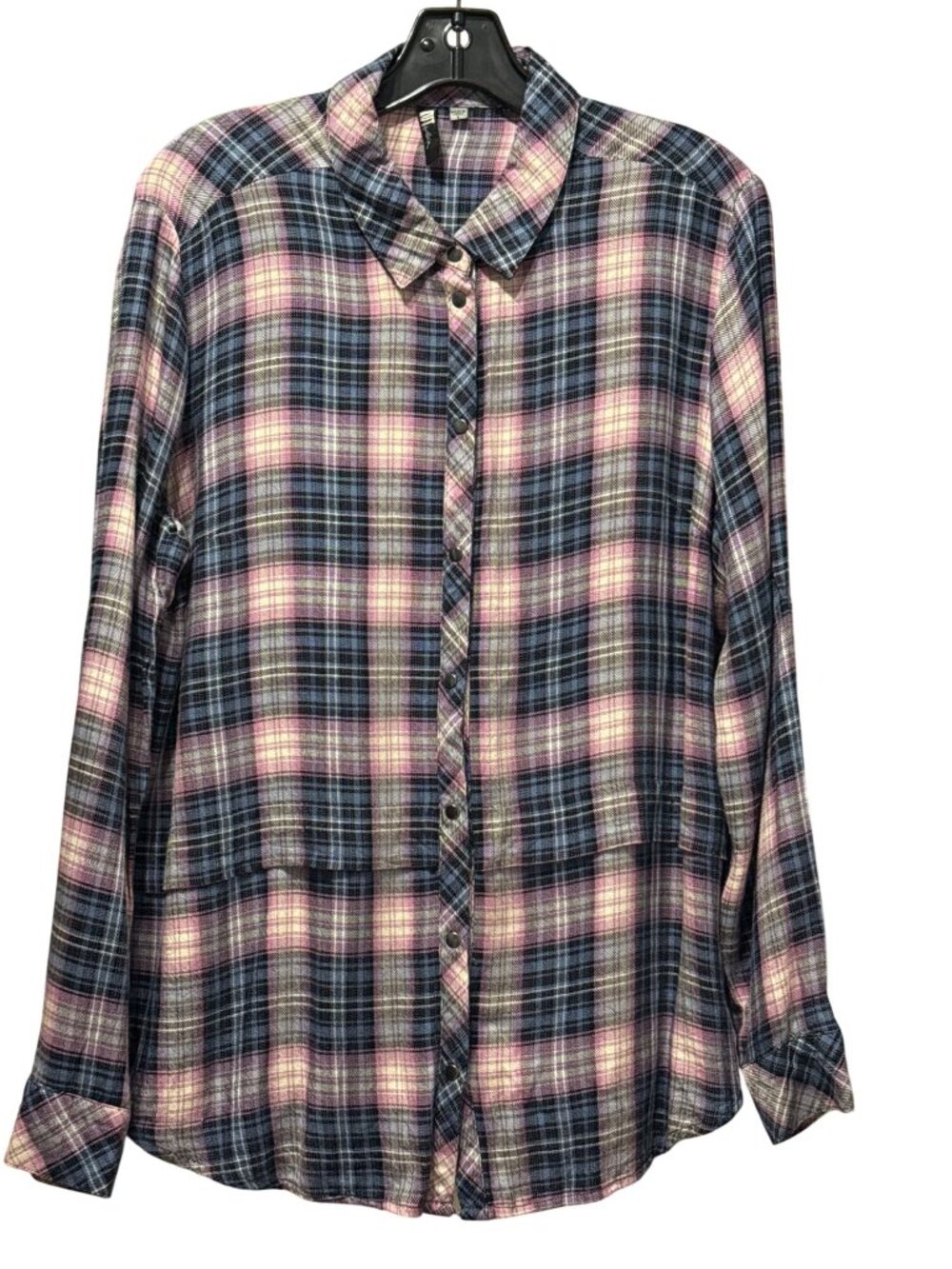 Kut From The Kloth Long Sleeve Plaid Rayon Shirt L Pink/Blue Plaid Pattern